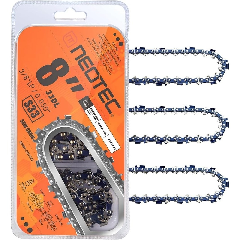 Neotec 8in Chainsaw Chain S33 3/8 LP .050 33DL 3 Pack for Greenworks Sun Joe
